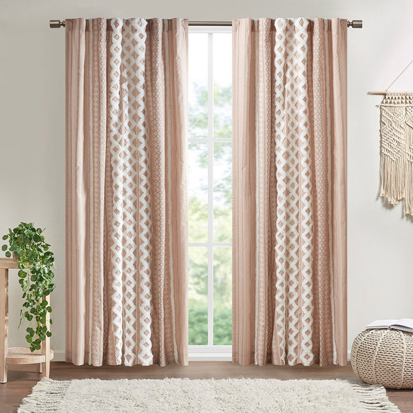 English Elm Cotton Imani Printed Window Panel with Chenille Stripe Blush, Lined 50x84" — OEKO-TEX, Textured Elegance B035129659