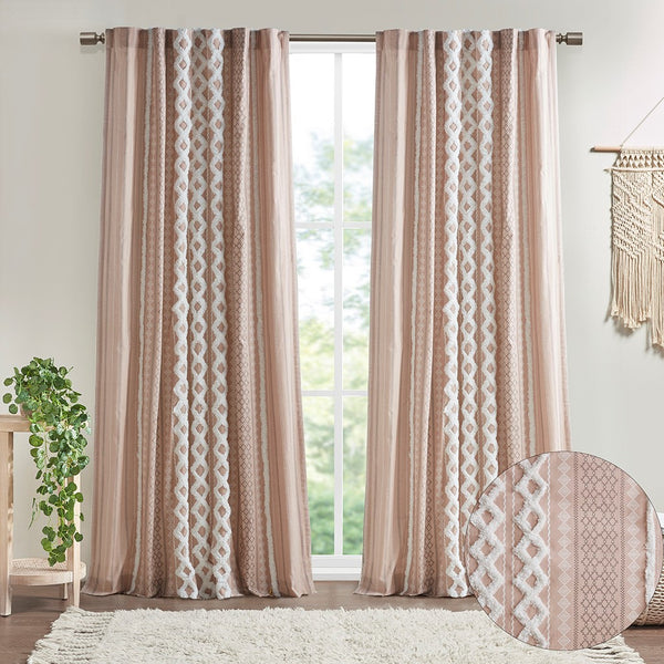English Elm Cotton Imani Printed Window Panel with Chenille Stripe Blush, Lined 50x84" — OEKO-TEX, Textured Elegance B035129659