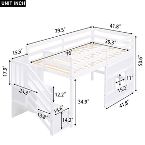 English Elm Twin Loft Bed Pinewood Frame with Storage Staircase Led Lighting and Window Cutout White GX000436AAK