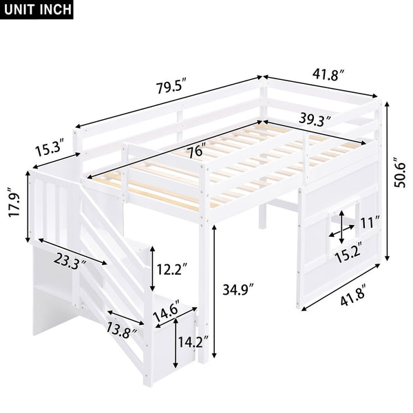 English Elm Twin Loft Bed Pinewood Frame with Storage Staircase Led Lighting and Window Cutout White GX000436AAK