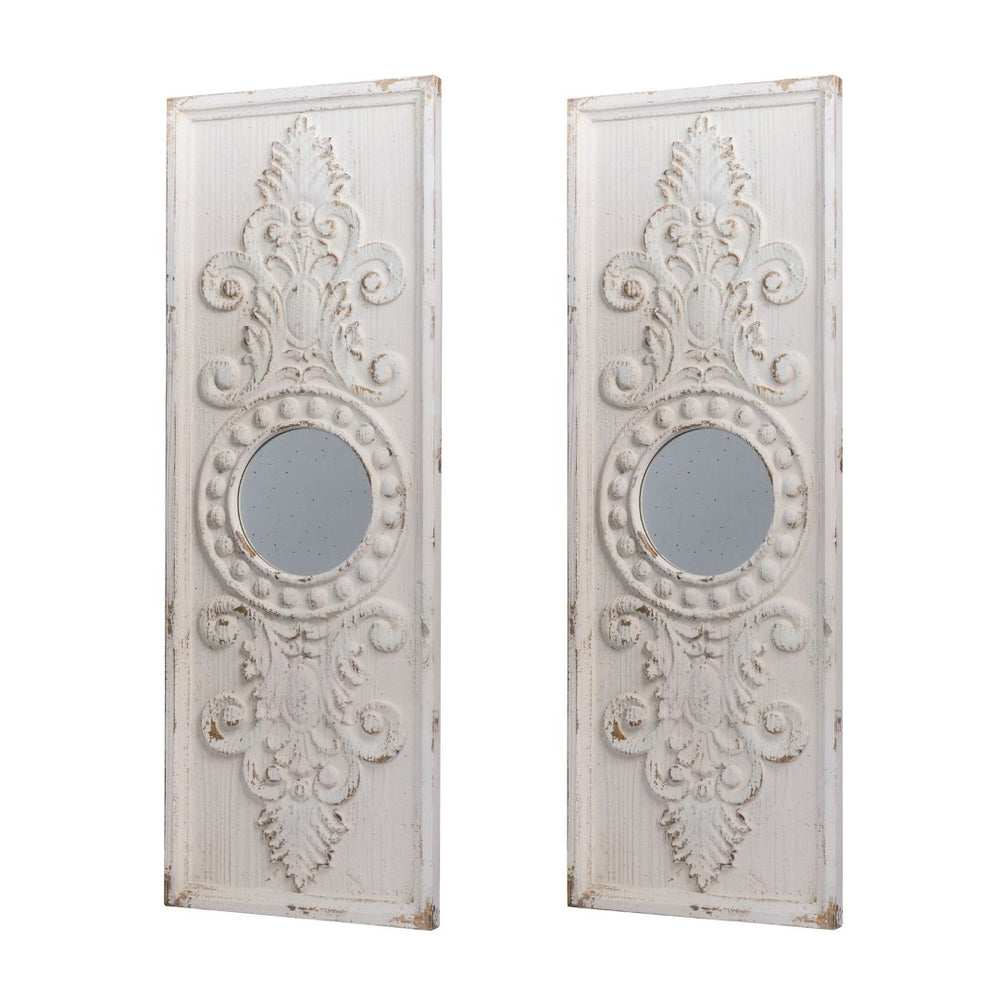 English Elm Set of 2 Carved Fir Wood Wall Panels Distressed Finish Round Mirror Living Room Decor W2078130284