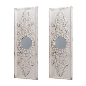 English Elm Set of 2 Carved Fir Wood Wall Panels Distressed Finish Round Mirror Living Room Decor W2078130284