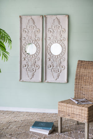 English Elm Set of 2 Carved Fir Wood Wall Panels Distressed Finish Round Mirror Living Room Decor W2078130284