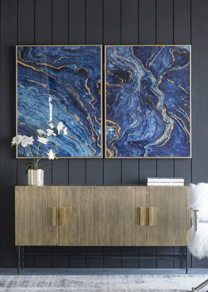 English Elm Set of 2 Gold Framed Blue Marbled Art Panels Diptych for Living Room Walls W2078130282