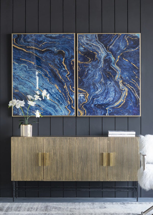 English Elm Set of 2 Gold Framed Blue Marbled Art Panels Diptych for Living Room Walls W2078130282