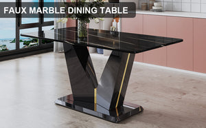English Elm Modern Black Gold Tempered Glass Dining Table with V-shaped Legs Seats Four W1151S03969
