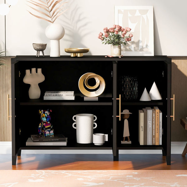 English Elm U-style Three Door Cabinet with Metal Handles Grain Panel Mdf and Pine Legs Black N711P334886B