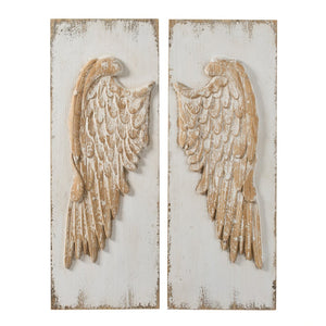 English Elm Set of 2 Hand Carved Feather Wing Wood Wall Panels Whitewash Farmhouse Decor W2078130291