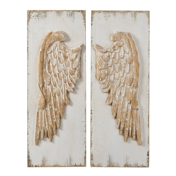 English Elm Set of 2 Hand Carved Feather Wing Wood Wall Panels Whitewash Farmhouse Decor W2078130291