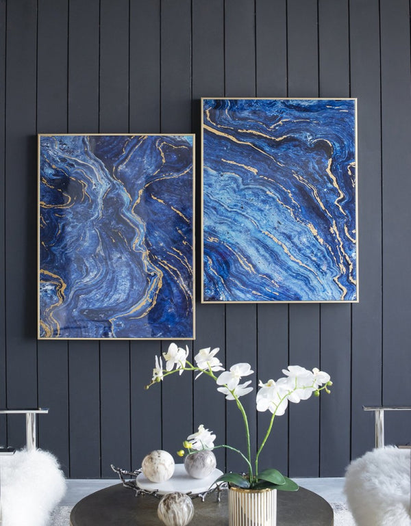English Elm Set of 2 Gold Framed Blue Marbled Art Panels Diptych for Living Room Walls W2078130282