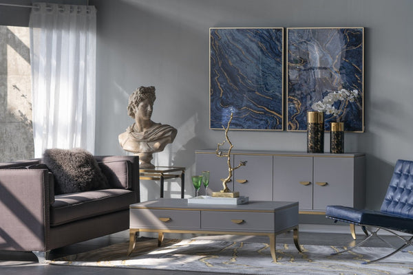 English Elm Set of 2 Gold Framed Blue Marbled Art Panels Diptych for Living Room Walls W2078130282