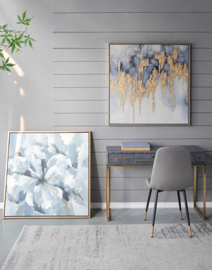 English Elm 39.5" Square Abstract Floral Oil Painting Gold Framed Canvas Wall Art for Living Room Blue+Grey W2078130297