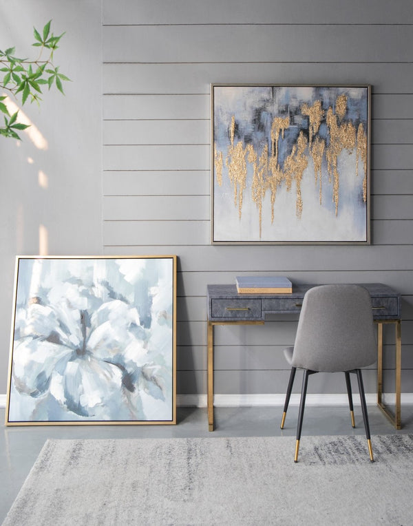 English Elm 39.5" Square Abstract Floral Oil Painting Gold Framed Canvas Wall Art for Living Room Blue+Grey W2078130297