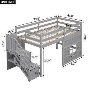 English Elm Twin Loft Bed Pinewood Frame with Storage Staircase Led Lighting and Window Cutout Gray GX000436AAE