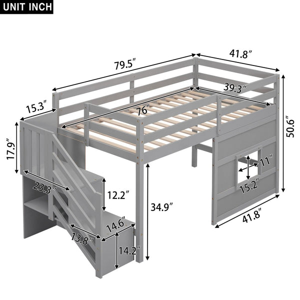 English Elm Twin Loft Bed Pinewood Frame with Storage Staircase Led Lighting and Window Cutout Gray GX000436AAE