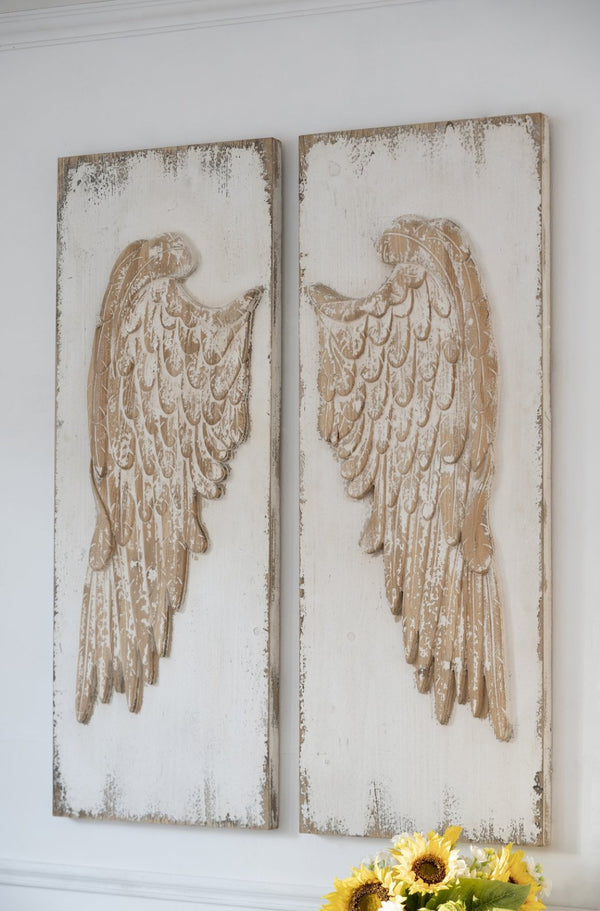 English Elm Set of 2 Hand Carved Feather Wing Wood Wall Panels Whitewash Farmhouse Decor W2078130291