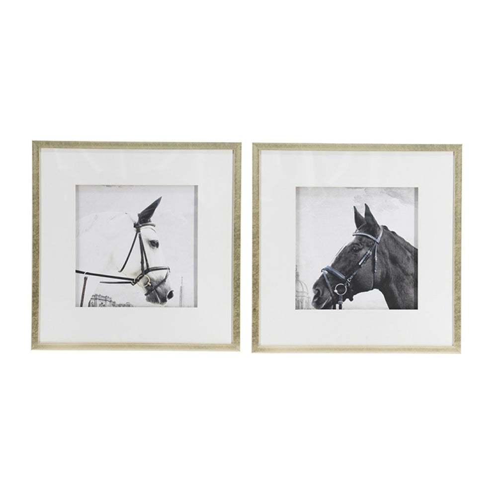 English Elm Set of 2 Black and White Horse Prints Gold Framed Wall Art for Living Room Decor W2078130276