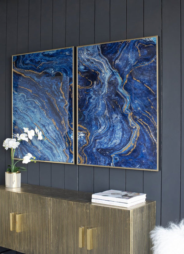 English Elm Set of 2 Gold Framed Blue Marbled Art Panels Diptych for Living Room Walls W2078130282