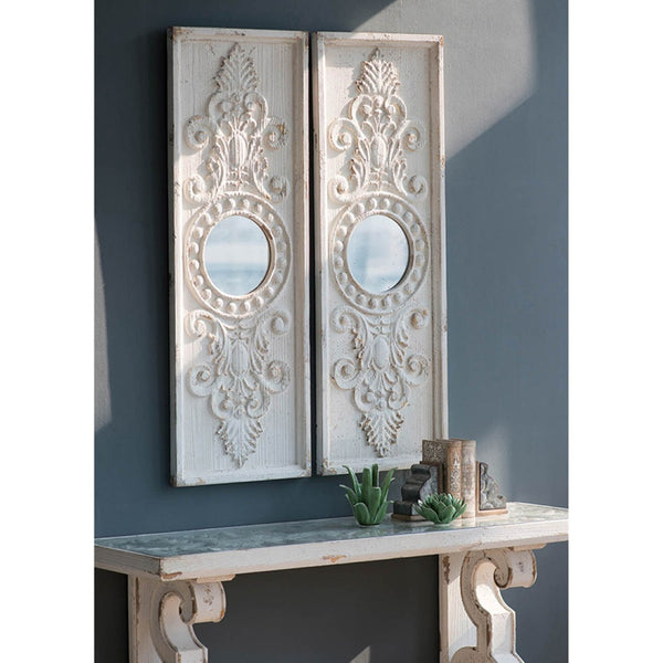 English Elm Set of 2 Carved Fir Wood Wall Panels Distressed Finish Round Mirror Living Room Decor W2078130284