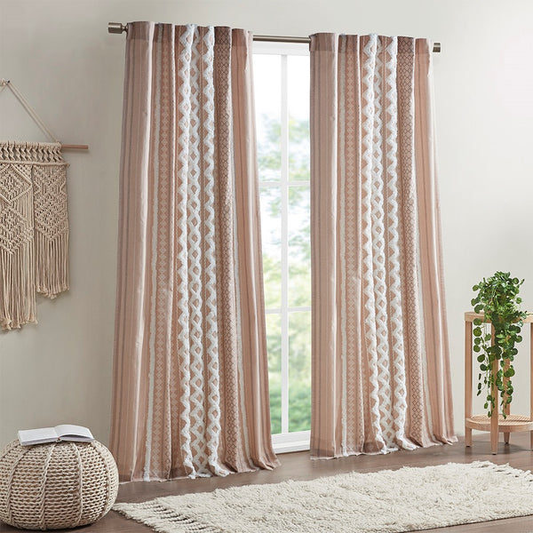 English Elm Cotton Imani Printed Window Panel with Chenille Stripe Blush, Lined 50x84" — OEKO-TEX, Textured Elegance B035129659