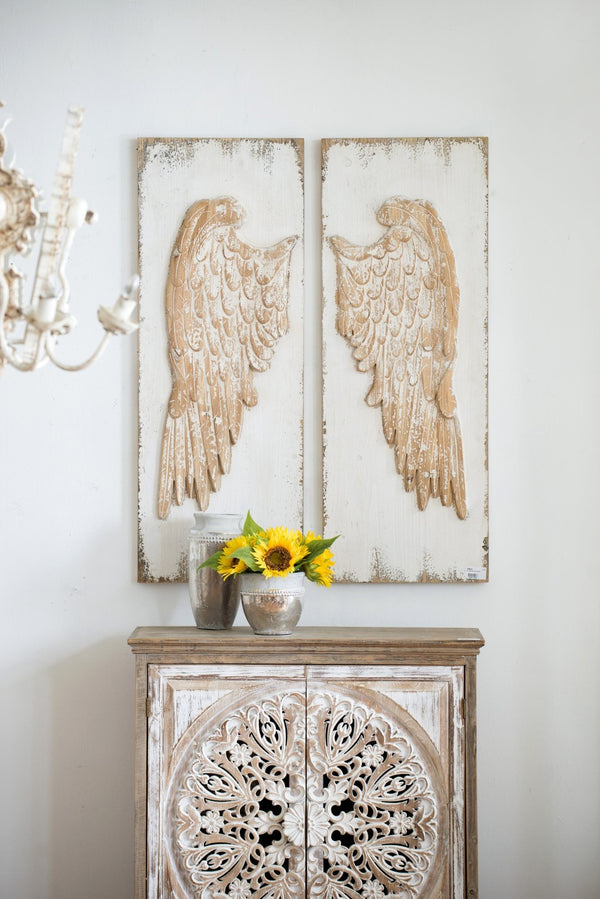 English Elm Set of 2 Hand Carved Feather Wing Wood Wall Panels Whitewash Farmhouse Decor W2078130291