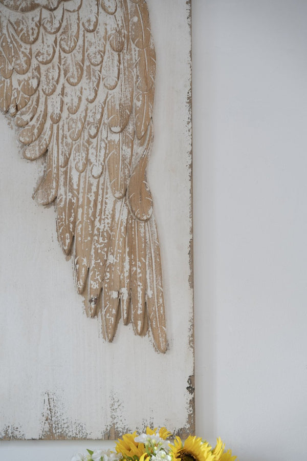 English Elm Set of 2 Hand Carved Feather Wing Wood Wall Panels Whitewash Farmhouse Decor W2078130291