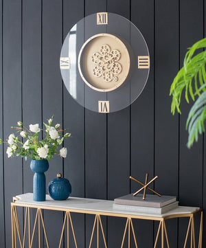 English Elm 23.5" Oversized Acrylic Wall Clock with Silent Moving Gears and Gold Roman Numerals W2078130296
