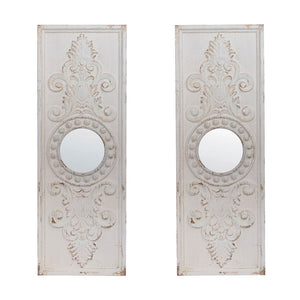 English Elm Set of 2 Carved Fir Wood Wall Panels Distressed Finish Round Mirror Living Room Decor W2078130284