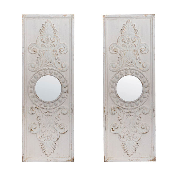 English Elm Set of 2 Carved Fir Wood Wall Panels Distressed Finish Round Mirror Living Room Decor W2078130284