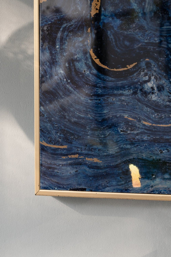 English Elm Set of 2 Gold Framed Blue Marbled Art Panels Diptych for Living Room Walls W2078130282