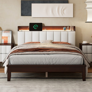 English Elm Full Size Platform Bed With Usb Charging Station and Storage Upholstered Headboard,Led Bed Frame,No Box Spring Needed,Walnut+Beige