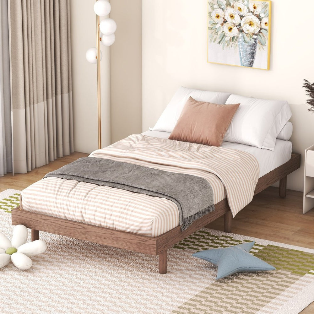 English Elm Modern Floating Twin Platform Bed Rubberwood Legs Low Profile Minimalist Frame Walnut W697123290