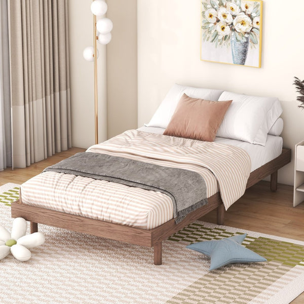 English Elm Modern Floating Twin Platform Bed Rubberwood Legs Low Profile Minimalist Frame Walnut W697123290