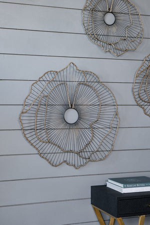 English Elm Set of 3 Golden Metal Floral Sculptures with Mirrored Centers for Entryway Walls W2078130330