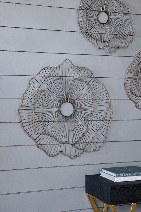 English Elm Set of 3 Golden Metal Floral Sculptures with Mirrored Centers for Entryway Walls W2078130330