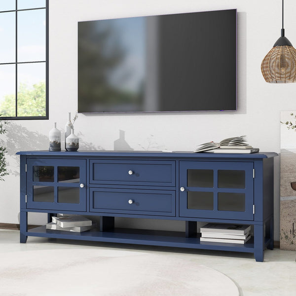 English Elm TV Stand with Modern Sleek Panel Design, Soft-Closing Drawers, Magnetic Doors & Sturdy Storage System Blue WF309280AAC