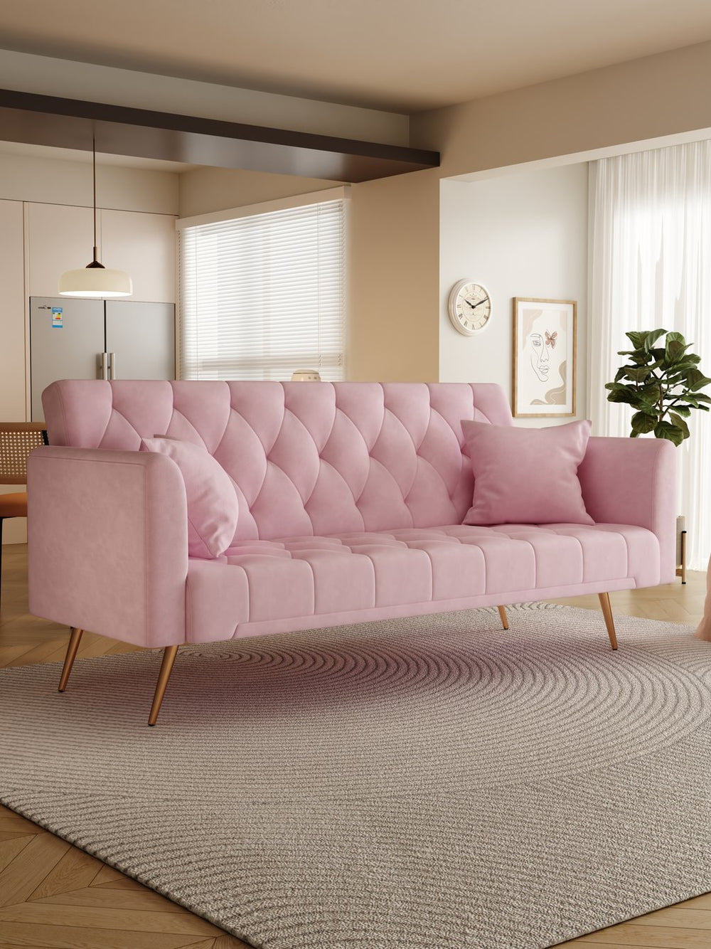 English Elm 71 Convertible Loveseat Sofa Bed Velvet Upholstered 2-Seater with Golden Legs, Retro Chic, 600lb Capacity Pink W165880948