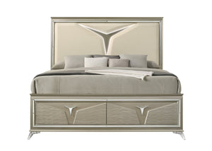 English Elm Modern King Bed With Led Headboard, Elegant Wood Design & Footboard Storage For Contemporary Luxury B009S01024