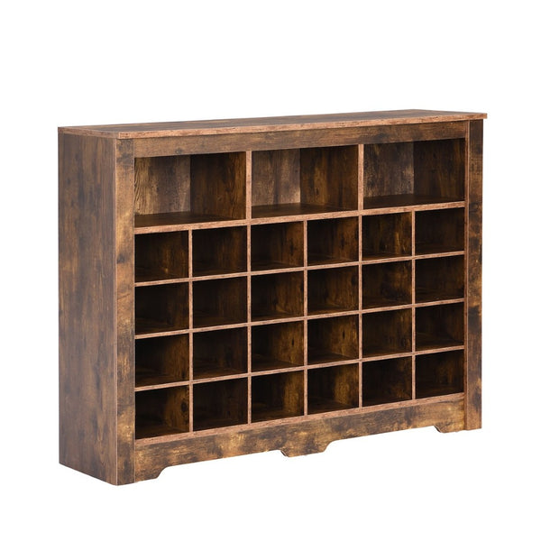 English Elm On-trend Rustic Brown Shoe Cubby Console Holds 24 Pairs with Curved Base Sideboard WF309308AAP