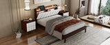 English Elm Full Size Platform Bed With Usb Charging Station and Storage Upholstered Headboard,Led Bed Frame,No Box Spring Needed,Walnut+Beige