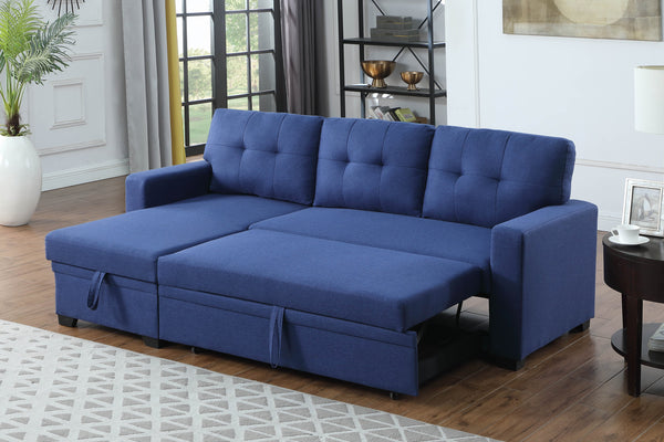 English Elm Upholstered Convertible Pull-Out Sectional Sofa with Chaise and Removable Cushions for Guests Blue B102S00005