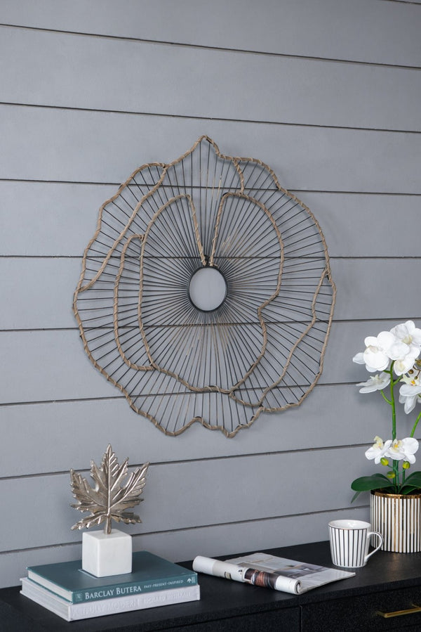 English Elm Set of 3 Golden Metal Floral Sculptures with Mirrored Centers for Entryway Walls W2078130330