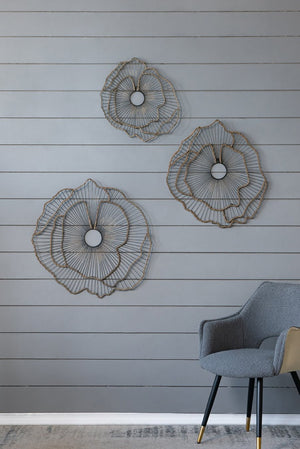 English Elm Set of 3 Golden Metal Floral Sculptures with Mirrored Centers for Entryway Walls W2078130330