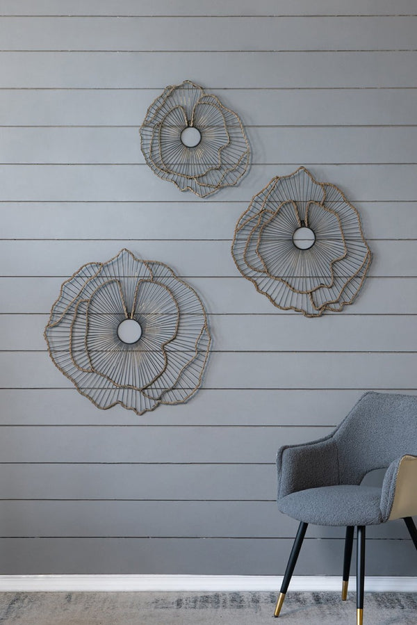 English Elm Set of 3 Golden Metal Floral Sculptures with Mirrored Centers for Entryway Walls W2078130330