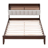 English Elm Full Size Platform Bed With Usb Charging Station and Storage Upholstered Headboard,Led Bed Frame,No Box Spring Needed,Walnut+Beige