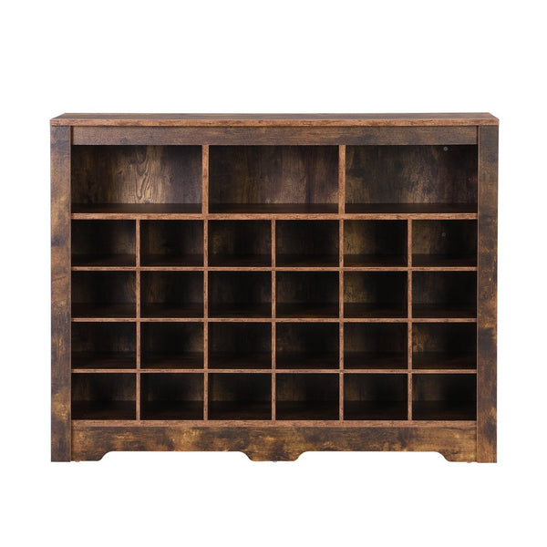 English Elm On-trend Rustic Brown Shoe Cubby Console Holds 24 Pairs with Curved Base Sideboard WF309308AAP