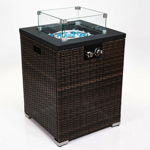 English Elm 22" 22" Propane Fire Pit Table 40,000 BTU with Glass Wind Guard, PE Wicker Base, Rain Cover, Lid W853120911