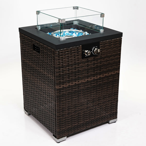 English Elm 22" 22" Propane Fire Pit Table 40,000 BTU with Glass Wind Guard, PE Wicker Base, Rain Cover, Lid W853120911