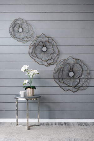 English Elm Set of 3 Golden Metal Floral Sculptures with Mirrored Centers for Entryway Walls W2078130330