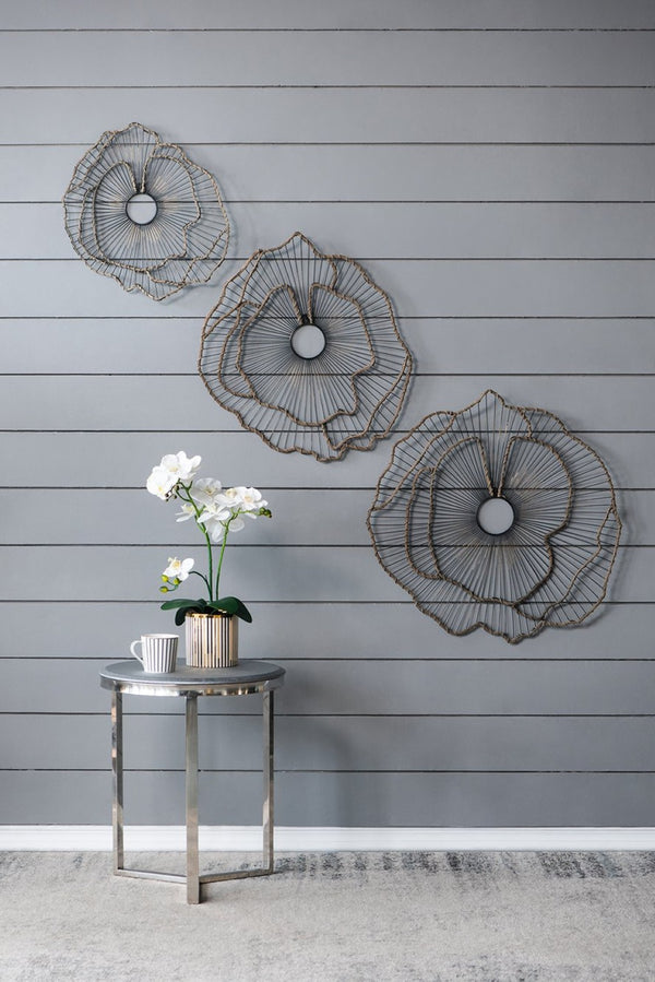 English Elm Set of 3 Golden Metal Floral Sculptures with Mirrored Centers for Entryway Walls W2078130330